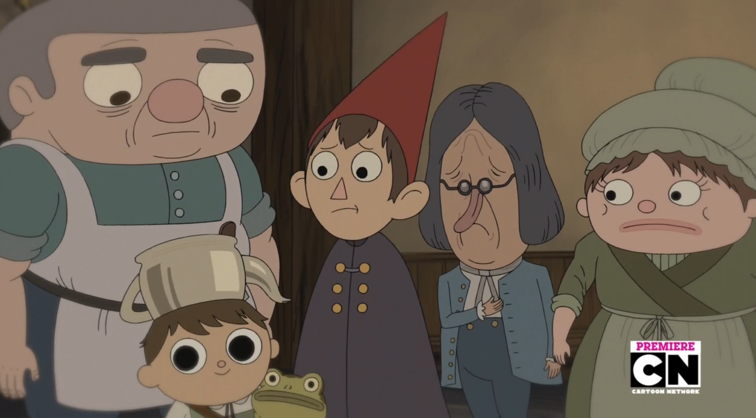 Large-headed man next to a small boy with a teapot on his head, a boy with a red cone hat, a gray-haired man, and a woman wearing a colonial cap
